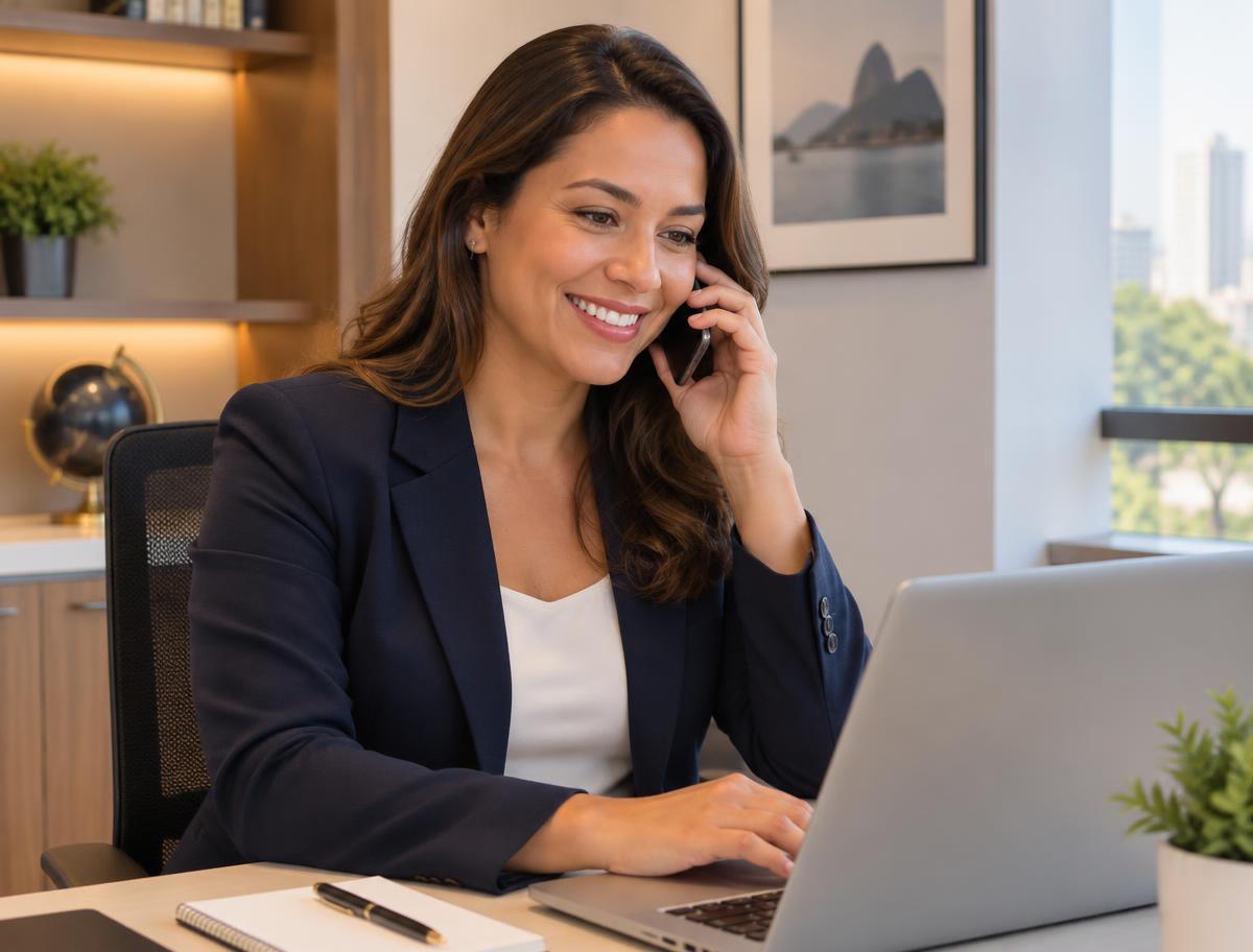 Consultora da VH Soluções Financeiras atendendo um cliente