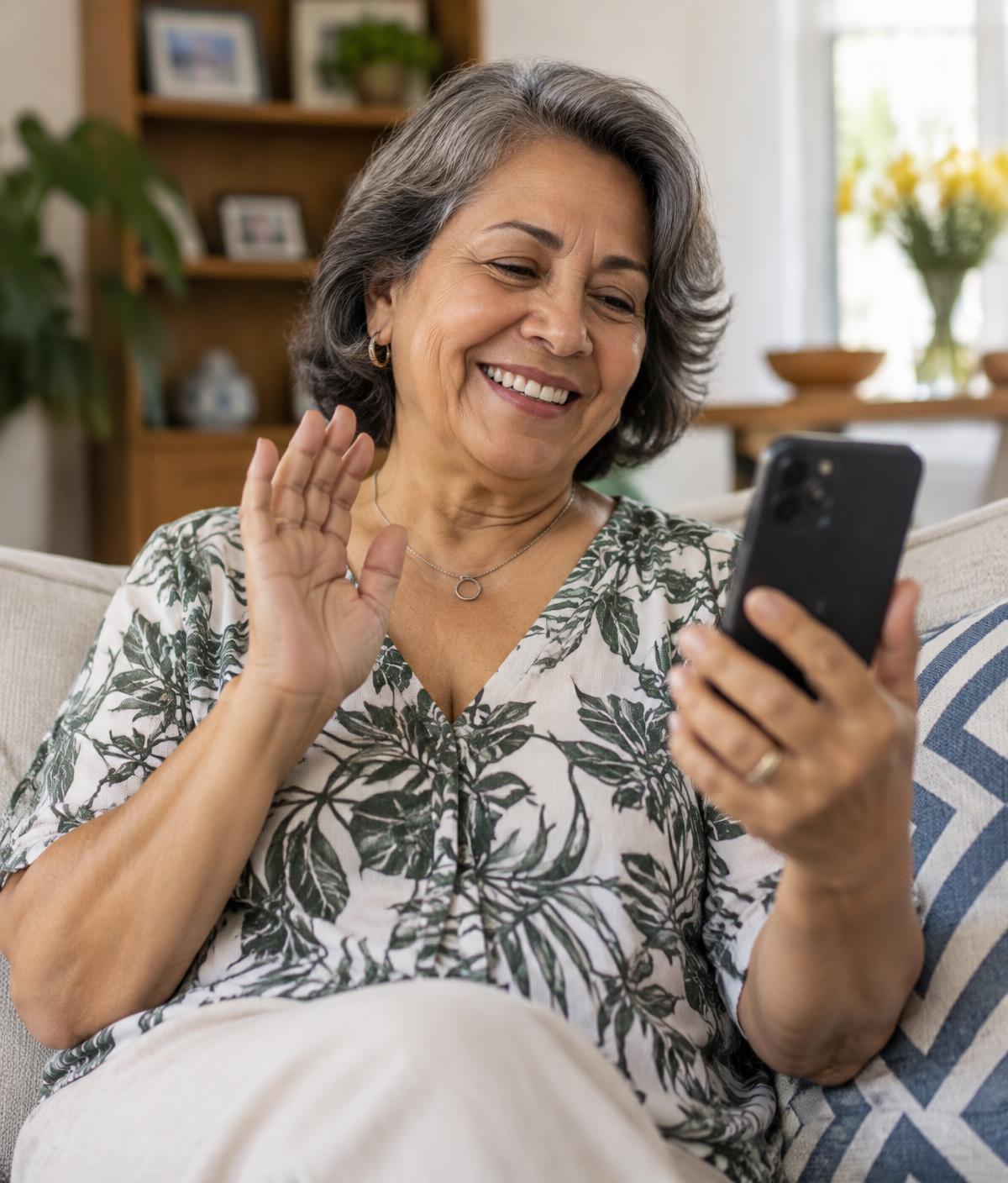 Aposentada sorrindo enquanto fala pelo WhatsApp com a equipe da VH Soluções Financeiras